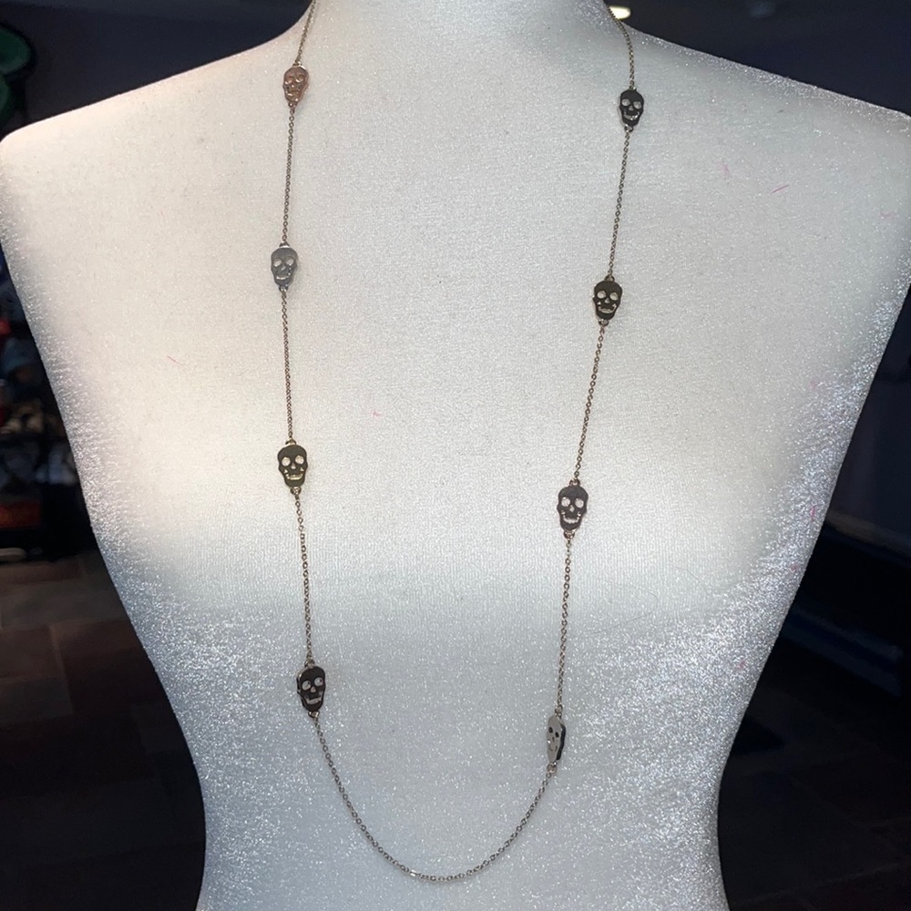 Tri color gold colored skull skulls fashion necklace chain 36” long